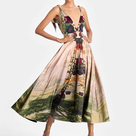 Alice + Olivia Dresses & Skirts - Alice + Olivia Hana Forbidden Forest Midi Dress Gown Floral Green Red Beige 2